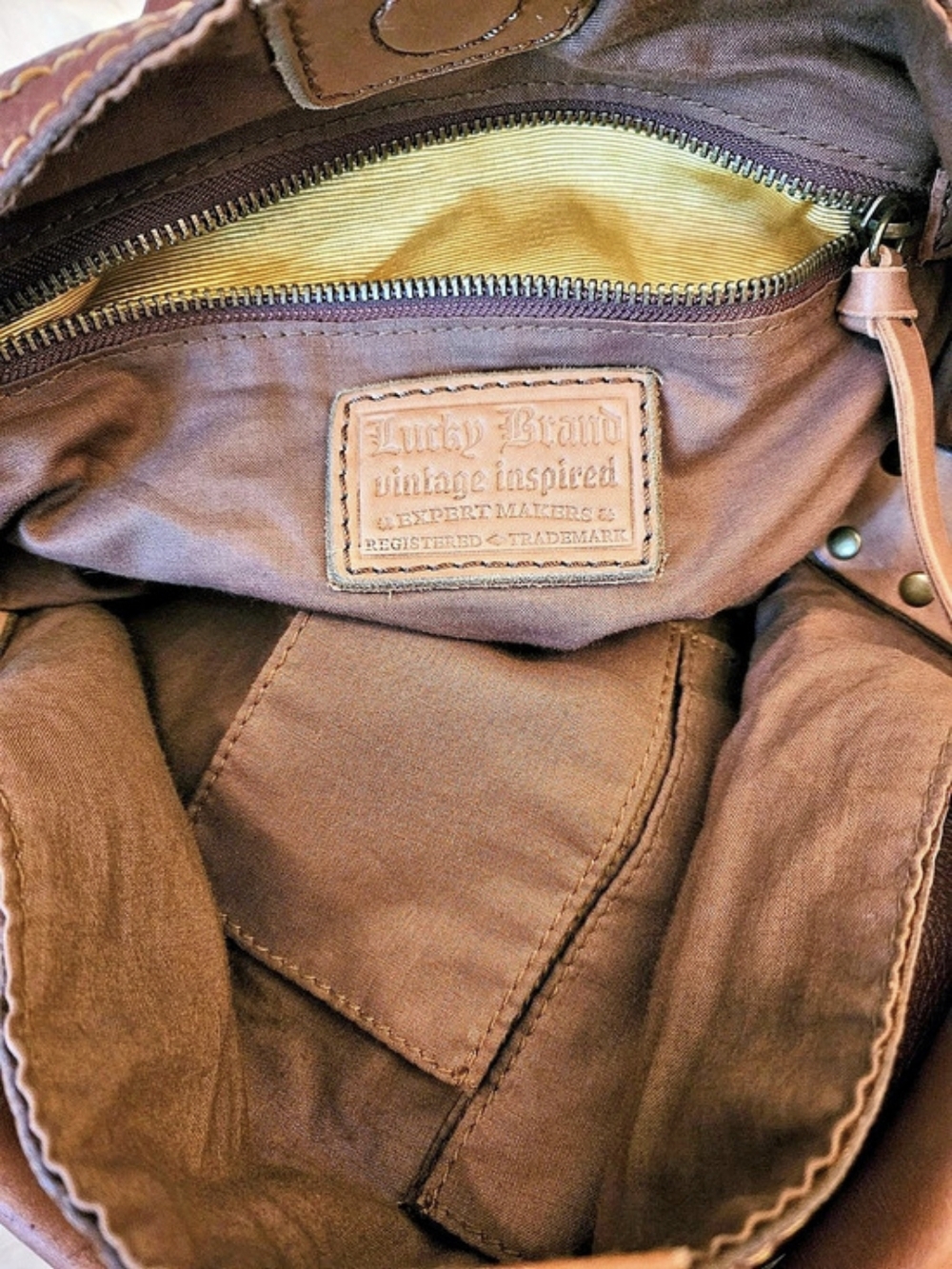 Y2K✨️Lucky Brand☆Brown Leather Slouchy Hobo Bag With Whipstitch - Picture 9 of 13
